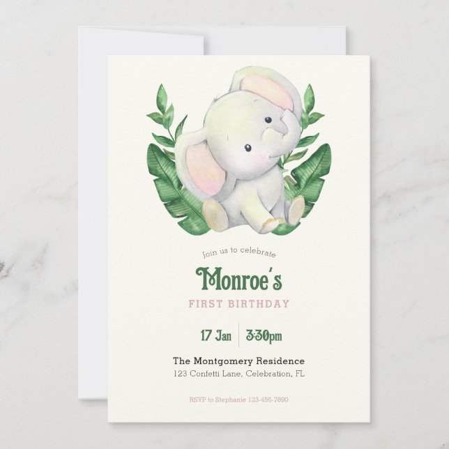 Invitation Bébé mignon éléphant Jungle fête d'anniversaire (Devant)