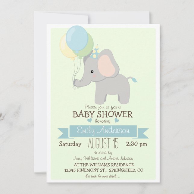 Invitation Bébé mignon éléphant, Jungle Zoo Baby shower garço (Devant)