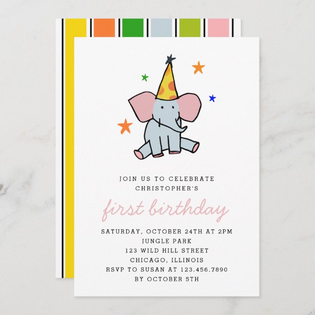 Invitation Bébé mignon Eléphant Première fête d'anniversaire (Devant / Derrière)