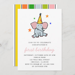 Invitation Bébé mignon Eléphant Première fête d'anniversaire