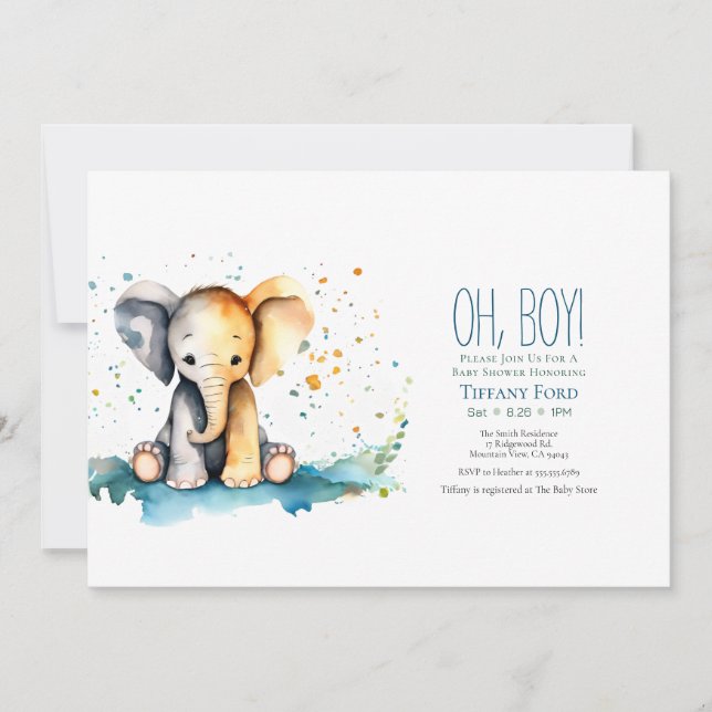 Invitation Bébé mignon éléphant Safari-Theme Baby shower garç (Devant)