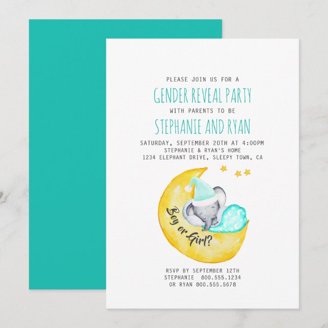 Invitation Bébé mignon éléphant sur la lune révélation de gen (Devant / Derrière)