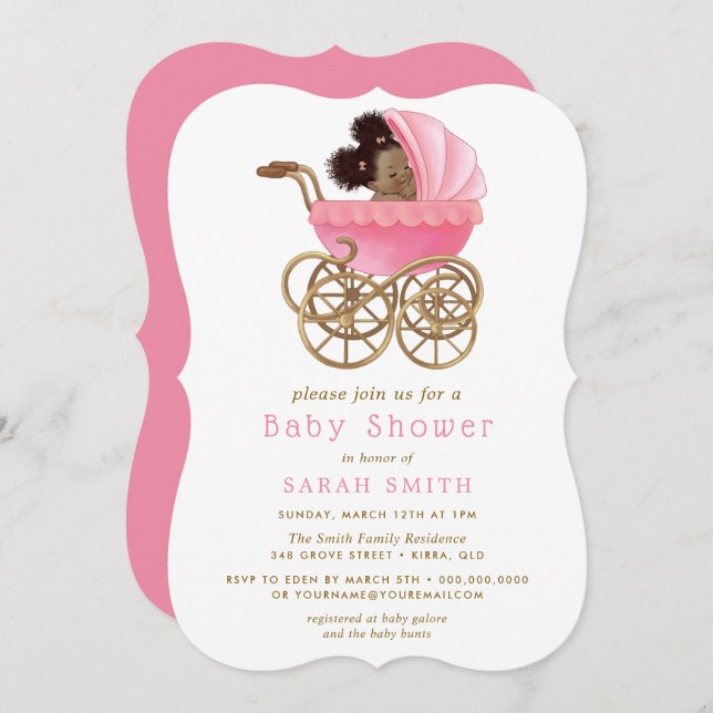 Invitation Bébé mignon en poussette Pram Baby shower rose (Devant / Derrière)