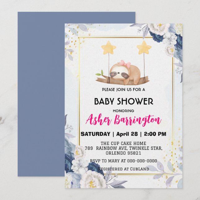 Invitation Bébé mignon endormi baby shower de fleur de bois (Devant / Derrière)
