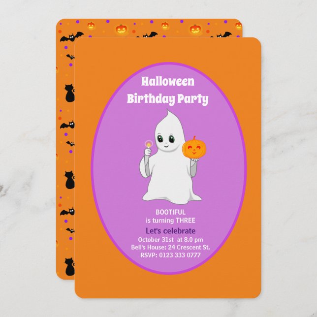 Invitation Bébé mignon fantôme Halloween Anniversaire Invitat (Devant / Derrière)