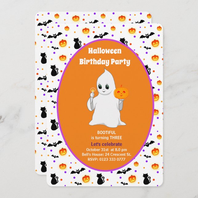 Invitation Bébé mignon fantôme Halloween Anniversaire Invitat (Devant / Derrière)