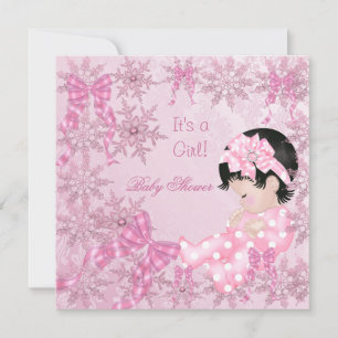 Invitation Bébé Mignon Fête de Naissance Fille Jolis Flocons
