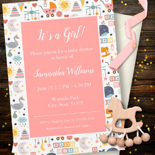 Invitation Bébé mignon fille Motif rose Baby shower