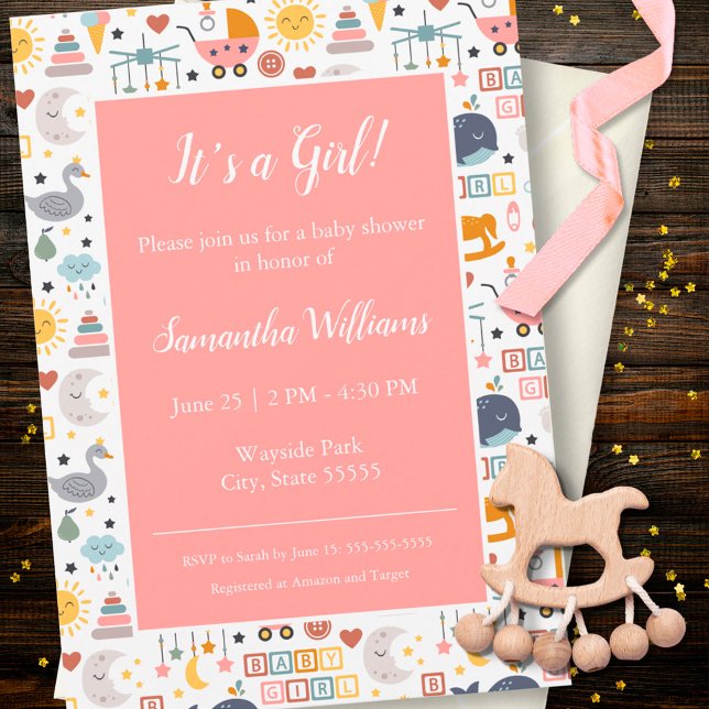 Invitation Bébé mignon fille Motif rose Baby shower (Créateur téléchargé)