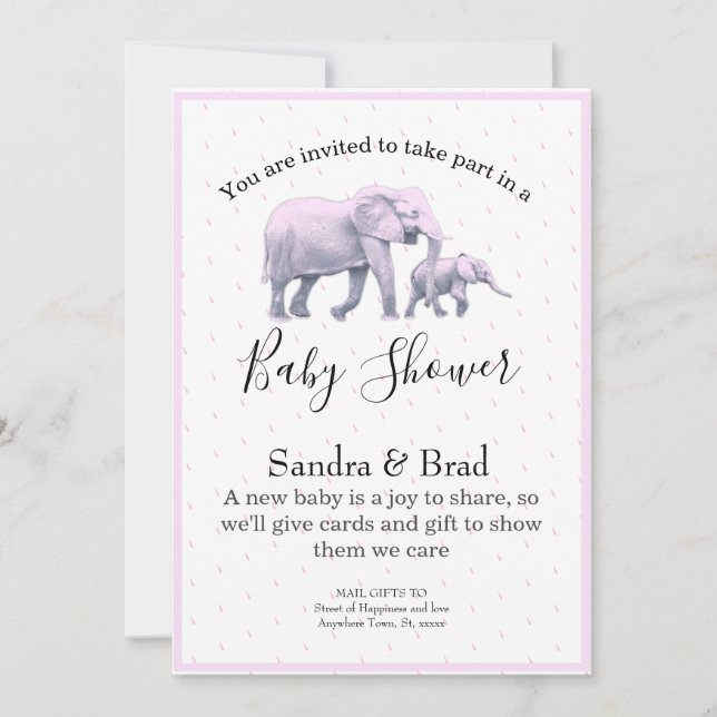 Invitation Bébé mignon fille rose Eléphants Baby shower moder (Devant)