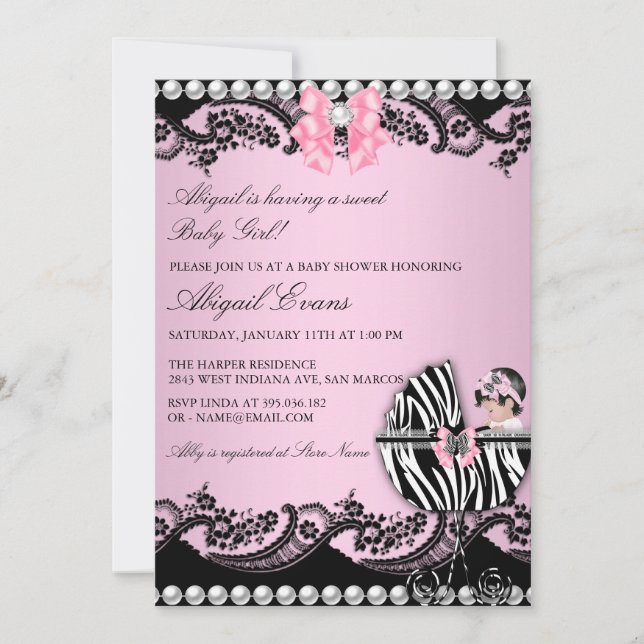 Invitation Bébé mignon fille Zebra dentelle et Baby shower de (Devant)