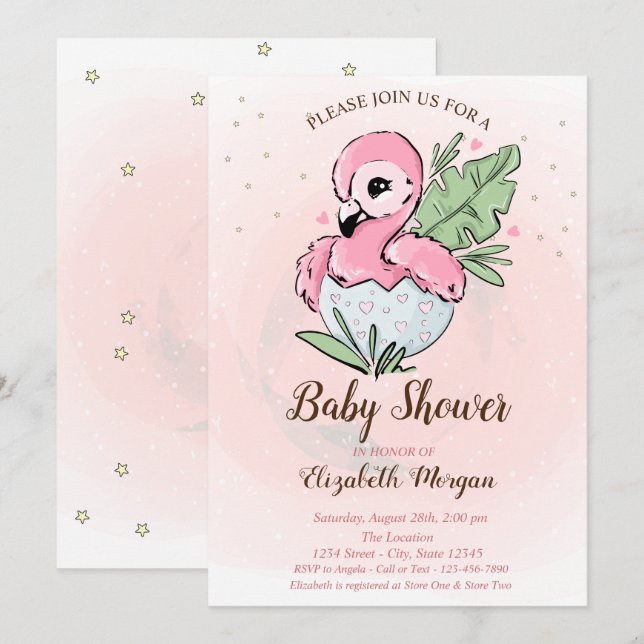 Invitation Bébé mignon Flamant Rose Étoiles Baby Shower  (Devant / Derrière)