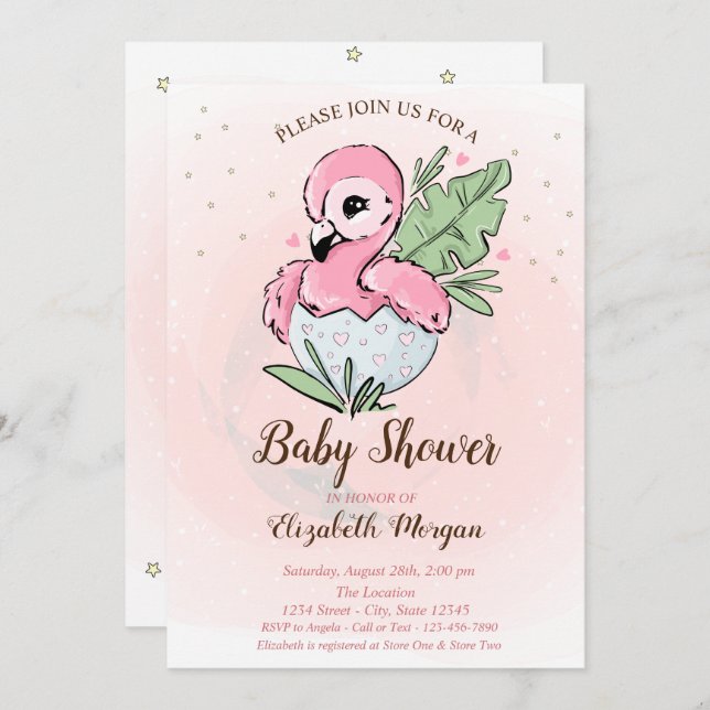 Invitation Bébé mignon Flamant rose rose Étoiles Baby shower (Devant / Derrière)