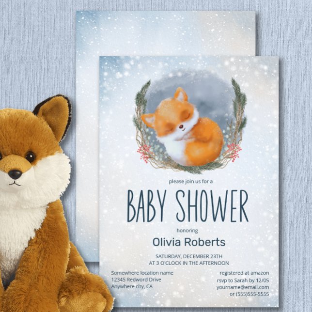 Invitation Bébé mignon Fox Baby shower hiver neige (Créateur téléchargé)