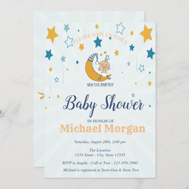Invitation Bébé mignon garçon, Baby shower d'étoiles (Devant / Derrière)