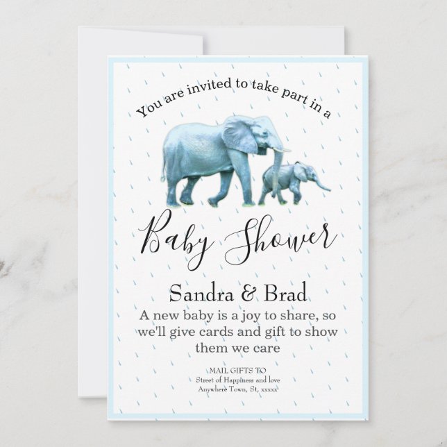 Invitation Bébé mignon garçon bleu Eléphants Baby shower (Devant)