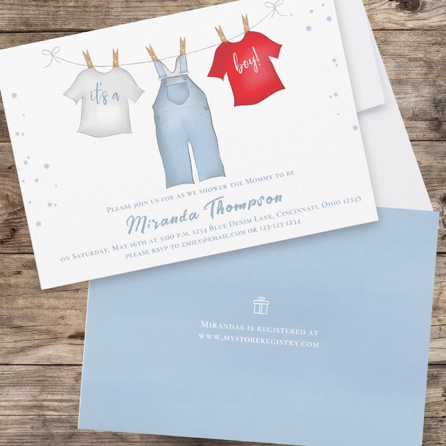 Invitation Bébé mignon Garçon Whimsical Denim Bleu Vêtements  (Créateur téléchargé)