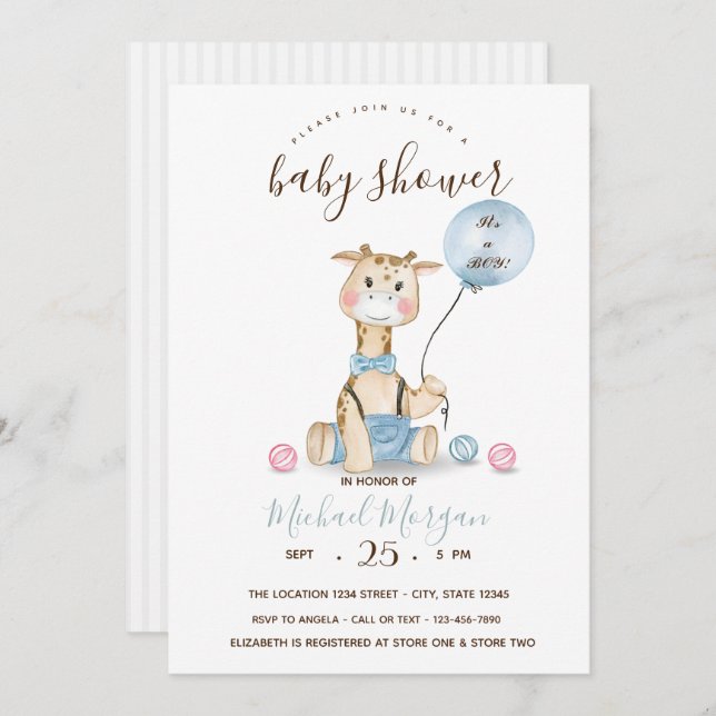 Invitation Bébé mignon Giraffe Ballons Baby shower dans (Devant / Derrière)