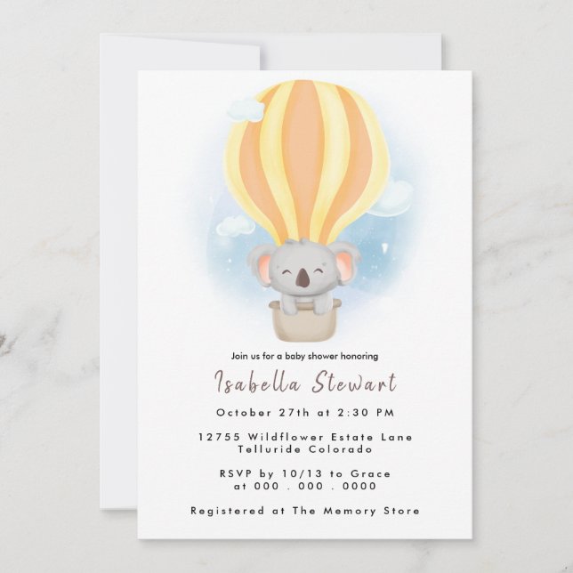 Invitation Bébé mignon Koala Balloon Baby shower Safari (Devant)