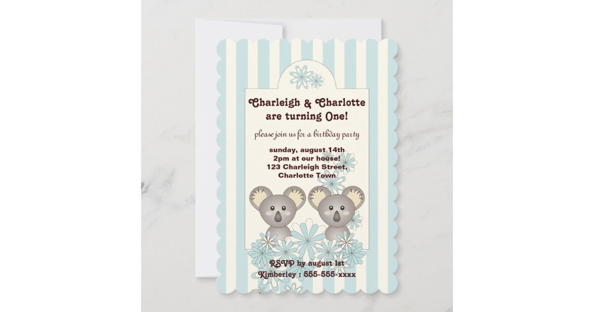 Invitation Bebe Mignon Koala Jumeaux A Rayures Bleues Anniver Zazzle Fr