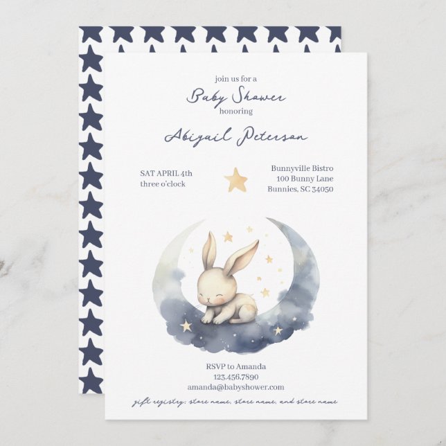 Invitation Bébé mignon lapin sur une lune avec Baby shower ét (Devant / Derrière)