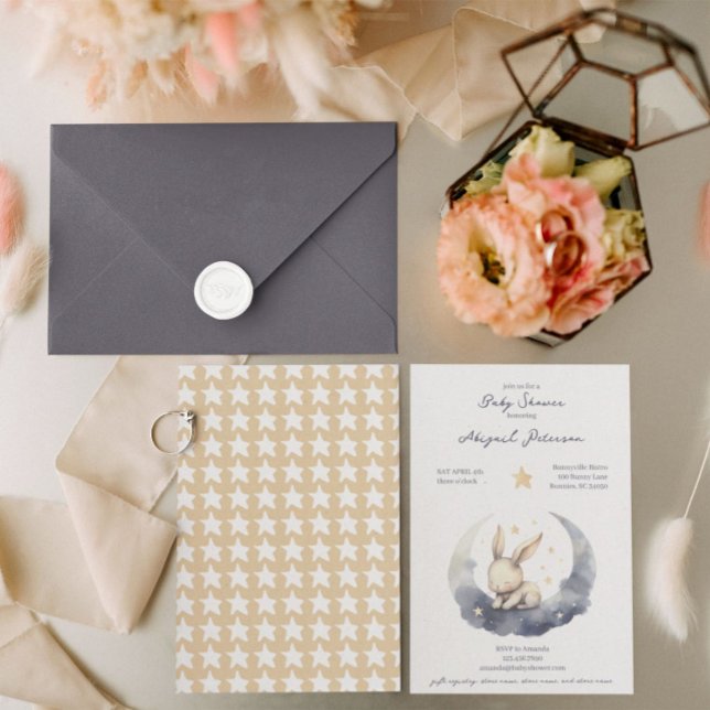 Invitation Bébé mignon lapin sur une lune avec Baby shower ét (Créateur téléchargé)