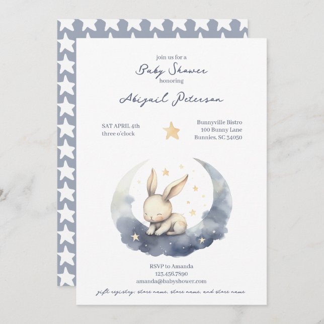 Invitation Bébé mignon lapin sur une lune avec Baby shower ét (Devant / Derrière)