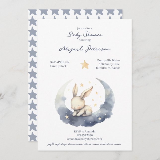 Invitation Bébé mignon lapin sur une lune avec Baby shower ét (Devant / Derrière)