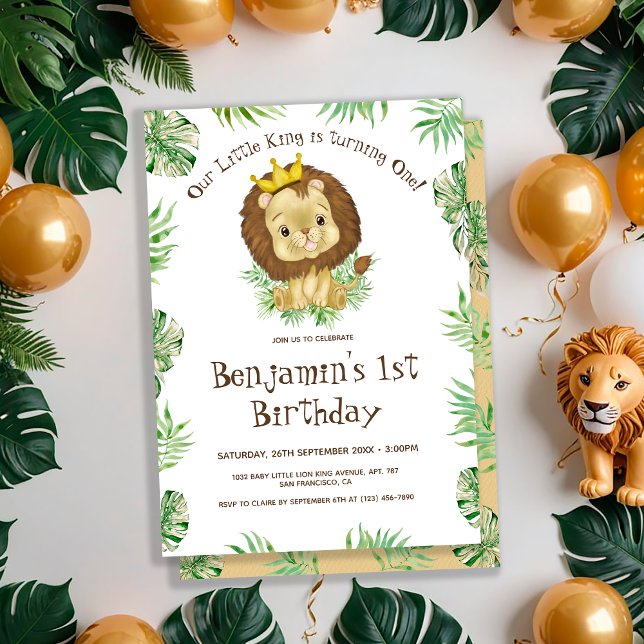 Invitation Bébé mignon Lion sauvage Une aquarelle 1er anniver (Créateur téléchargé)