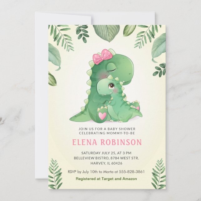 Invitation Bébé mignon maman Dinosaure fille Baby shower Spri (Devant)