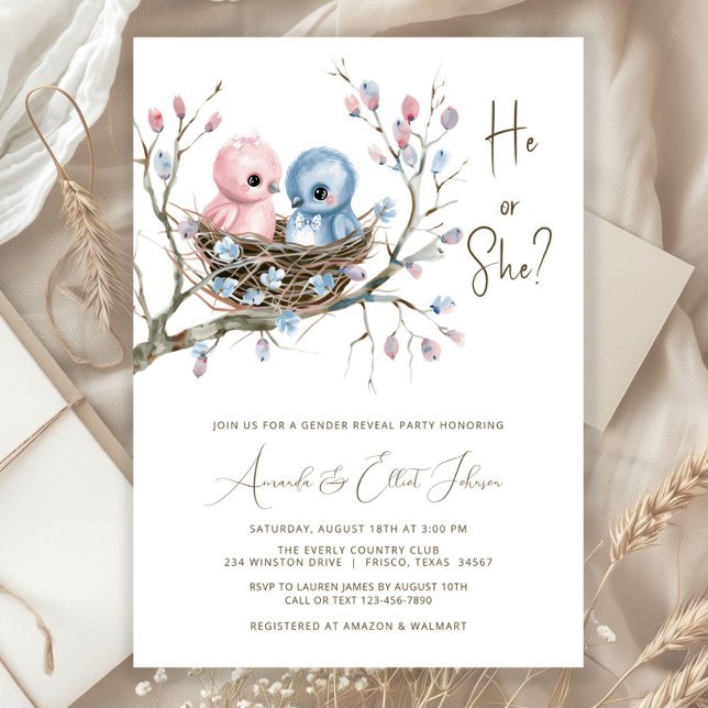 Invitation Bébé mignon Oiseaux Genre Reveval Party (Adorable baby boy and baby girl birds in nest gender reveal baby shower invitation. )