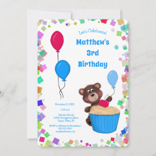 Invitation Bébé mignon ours Cupcake Blue Balloon Anniversaire