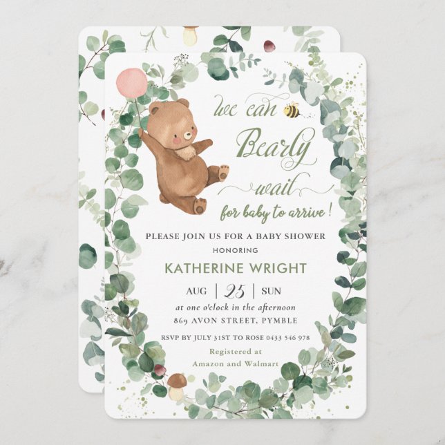 Invitation Bébé mignon Ours vert Baby shower fille (Devant / Derrière)