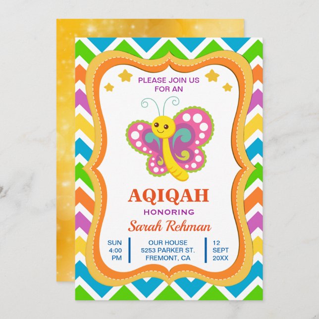 Invitation Bébé mignon papillon fille Aqiqah (Devant / Derrière)