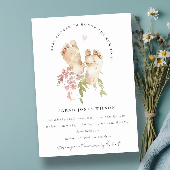 Invitation Bébé mignon Pieds Blush Rose Floral Baby shower fi (Créateur téléchargé)