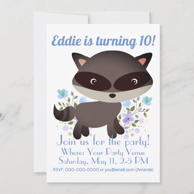 Invitation Bébé mignon Raccoon avec fleurs Anniversaire (Devant)