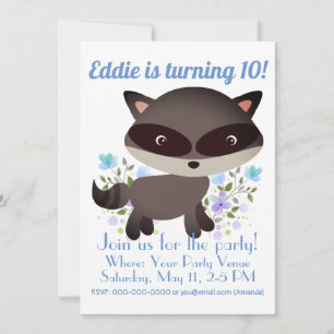 Invitation Bébé mignon Raccoon avec fleurs Anniversaire
