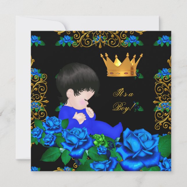Invitation Bébé mignon shower bleu or garçon prince couronne  (Devant)