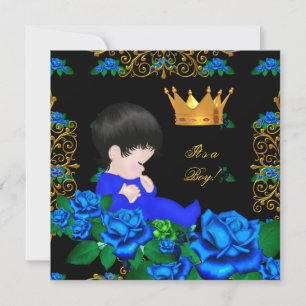 Invitation Bébé mignon shower bleu or garçon prince couronne