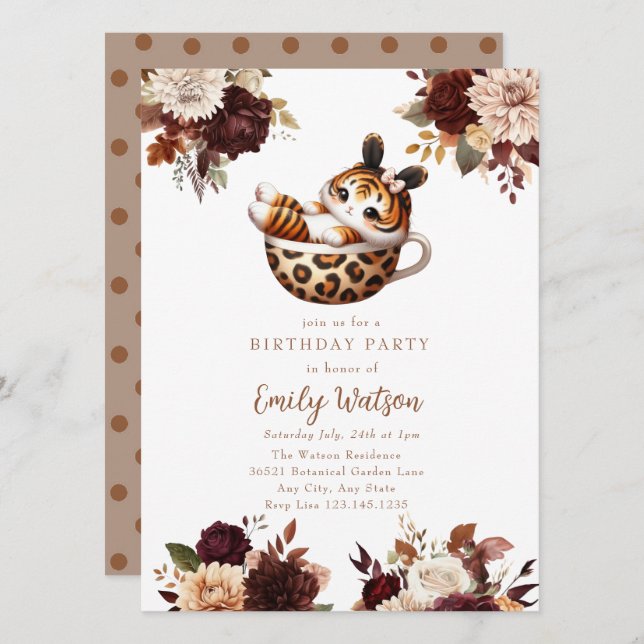 Invitation Bébé mignon tigre | Anniversaire Tea Party (Devant / Derrière)