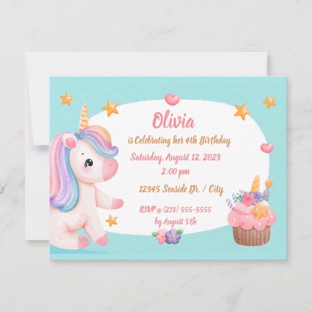 Invitation Bébé mignon Unicorn Pastel Rainbow Cupcake Anniver (Devant)