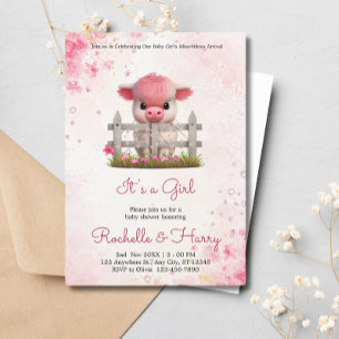 Invitation Bébé mignon vache rose Baby shower floral C'est un