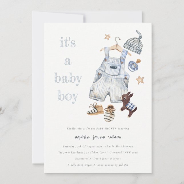 Invitation Bébé mignon Vêtements Bleu C'est un Baby shower ga (Devant)