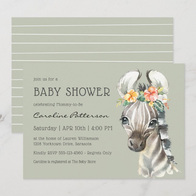 Invitation Bébé mignon Zebra Baby shower neutre (Devant / Derrière)