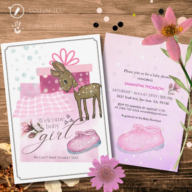 Invitation bébé mignonne à l'aquarelle avec faon e (Cute Watercolor Fawn and Pink Shoe Baby Invitation)