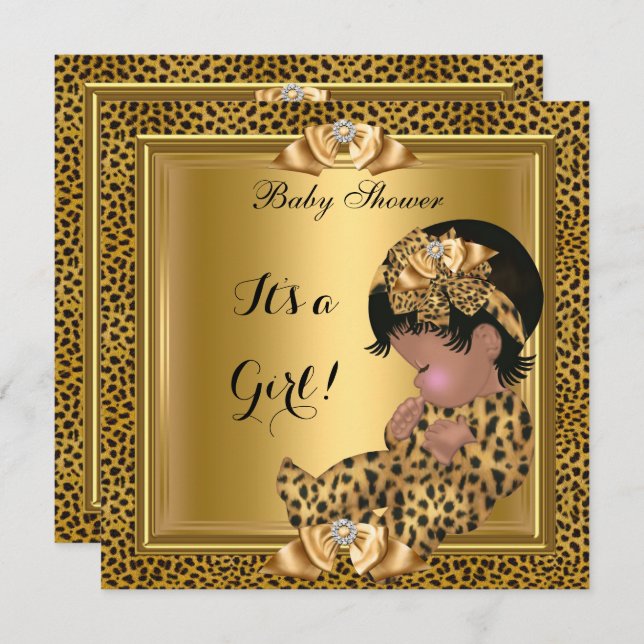 Invitation Bébé mignonne Baby shower fille Leopard Gold (Devant / Derrière)