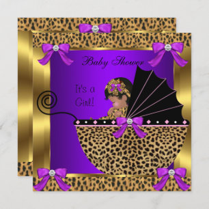 Invitation Bébé mignonne Baby shower fille Leopard Purple Gol