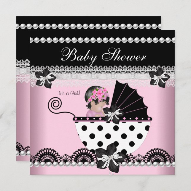 Invitation Bébé mignonne Baby shower fille rose perle noire (Devant / Derrière)