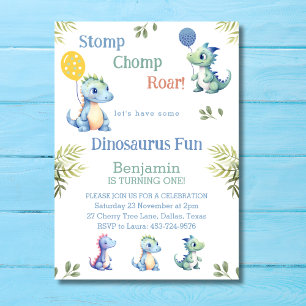 Invitation Bébé mignonne Dinosaur 1er anniversaire fête