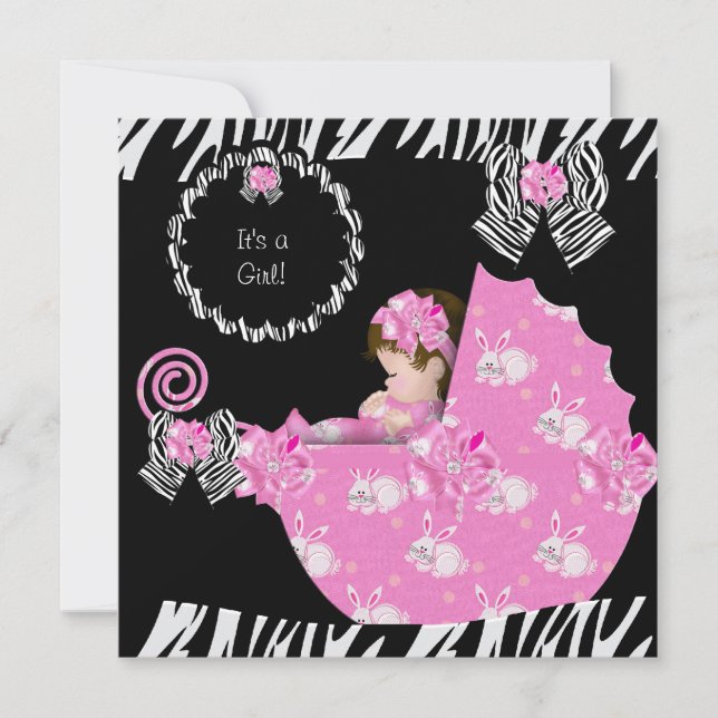 Invitation Bébé mignonne fille Zebra Baby shower Pram rose (Devant)